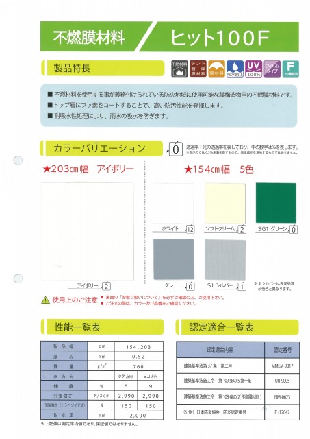 不燃生地　ヒット100F　カタログ